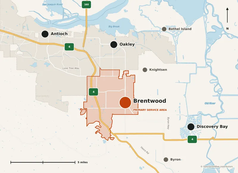 Map of the service area: Brentwood city limits highlighted as the primary service area, with Antioch and Oakley to the north and northwest, Knightsen and Bethel Island to the northeast, Discovery Bay to the east along Highway 4, and Byron to the south near Vasco Road and Byron Highway